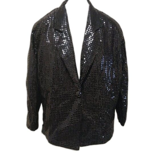 Vtg Monaliza blazer Womens 2X black sequined notch collar single button Flashy - Picture 1 of 6
